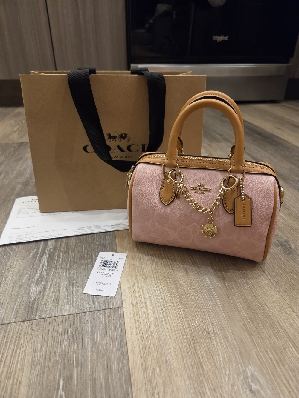 Coach Pink Powder Mini Rowan Satchel with Tan Trim Vanchetta Leather BNWT